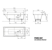 Schéma technique de la baignoire Puro 697 avec trop-plein latéral et indications de dimensions