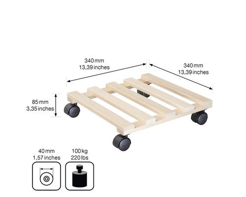 Rollbrett aus Holz mit Abmessungen und Traglastangabe