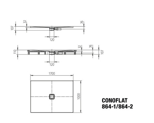 Technische Zeichnung Conoflat Duschwanne mit Maßangaben