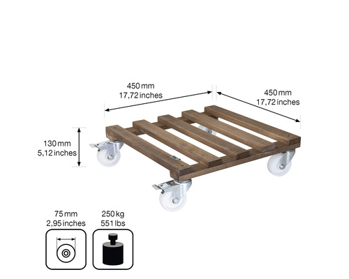 Pflanzenroller aus Holz, 450x450 Millimeter, mit Rollen