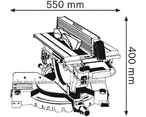 Bosch Kapp- und Gehrungssäge mit Abmessungen 550 mm Breite und 400 mm Höhe.