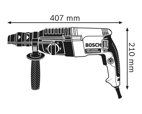 Image du marteau perforateur avec les dimensions suivantes : 407 mm de longueur et 210 mm de hauteur.