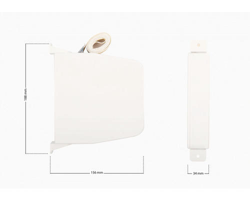 Vue latérale et vue de face d''un caisson de store enrouleur avec des dimensions de 188 mm de hauteur, 156 mm de largeur et 34 mm de profondeur.