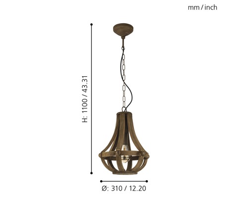 Suspension en bois mesurant 1100 millimètres de haut et 310 millimètres de diamètre