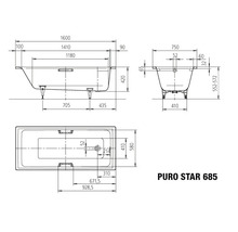 Technische Zeichnung einer Puro Star 685 Badewanne mit Maßangaben.
