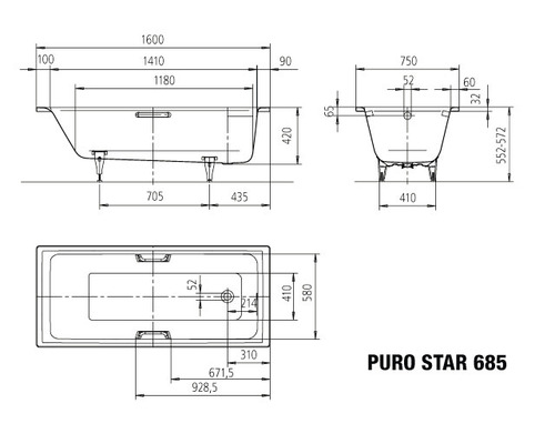 Technische Zeichnung einer Puro Star 685 Badewanne mit Maßangaben.