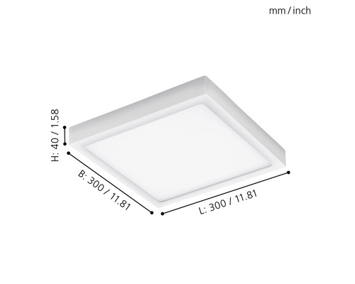 Plafonnier LED carré de dimensions 300 x 300 x 40 millimètres.