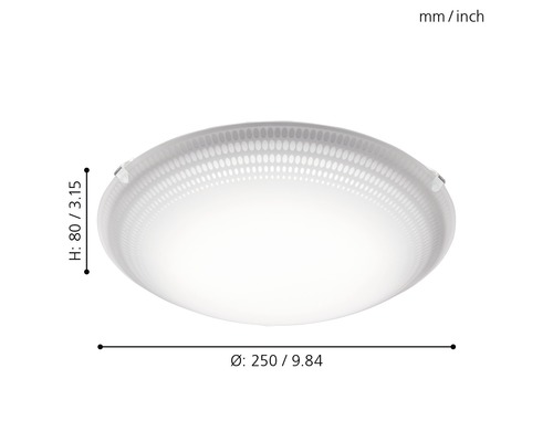 Plafonnier rond de 250 mm de diamètre et 80 mm de hauteur.