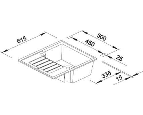 Technische Zeichnung eines Ausgussbeckens mit Maßangaben