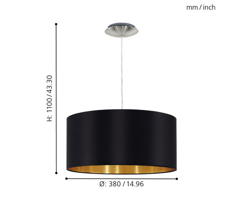 Schwarze Hängeleuchte mit goldenem Innenraum und den Maßen Höhe 1100 mm und Durchmesser 380 mm.