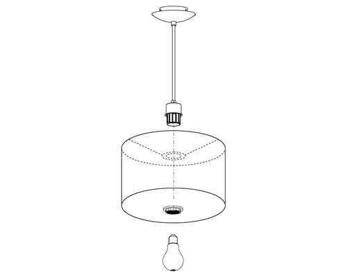 Explosionszeichnung einer Hängeleuchte mit Lampenschirm und Leuchtmittel