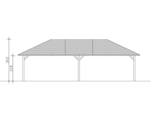 Technische Zeichnung eines Holzpavillons mit Maßangaben
