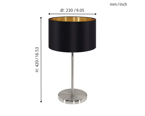 Lampe de table avec abat-jour noir et pied en métal, dimensions 420 x 230 millimètres