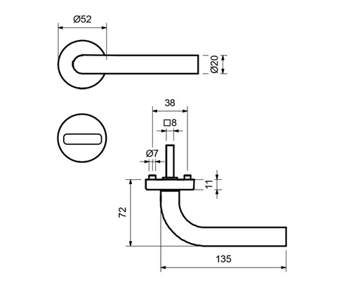 Schéma technique d''une poignée de porte avec dimensions