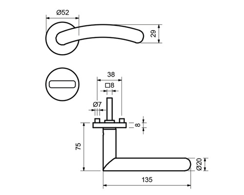 Technische Zeichnung eines Türdrückers mit Maßangaben