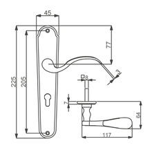 Schéma technique d''une garniture de porte avec indications de dimensions
