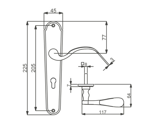 Schéma technique d''une garniture de porte avec indications de dimensions