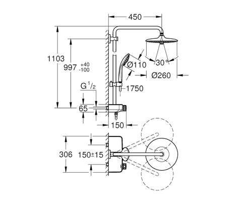 Maßzeichnung Duschsystem mit Kopfbrause und Handbrause