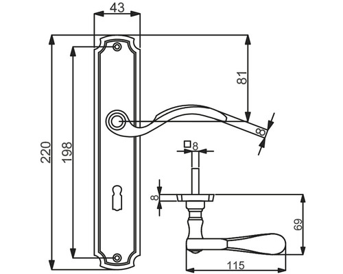 Schéma technique d''une poignée de porte avec dimensions
