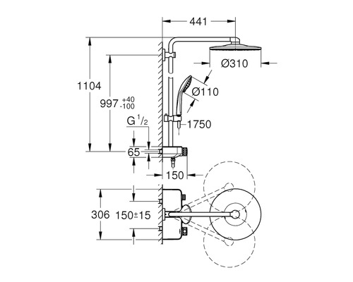 Technische Zeichnung eines Duschsystems mit Maßangaben