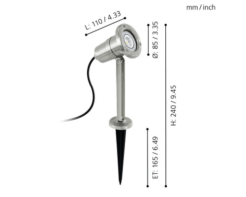 Edelstahl Gartenstrahler mit Erdspieß und Maßangaben