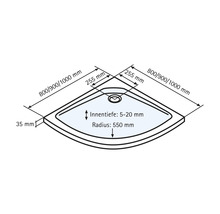 Abmessungen einer Duschwanne mit einer Innentiefe von 5 bis 20 Millimetern und einem Radius von 550 Millimetern