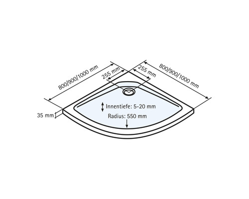 Abmessungen einer Duschwanne mit einer Innentiefe von 5 bis 20 Millimetern und einem Radius von 550 Millimetern