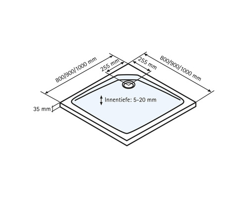 Technische Zeichnung einer Duschwanne mit Maßangaben