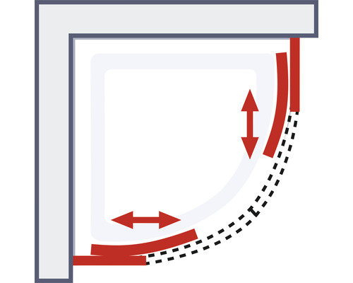 Eckdusche mit Verstellbereich und Pfeilen zur Verdeutlichung der Variabilität
