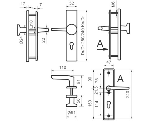 Schéma technique d''une poignée de porte avec dimensions