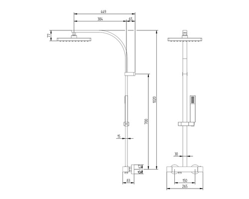 Dessin technique d''un robinet de douche avec dimensions