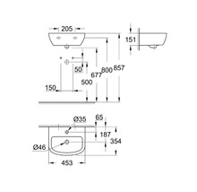 Technische Zeichnung eines Waschbeckens mit Maßangaben