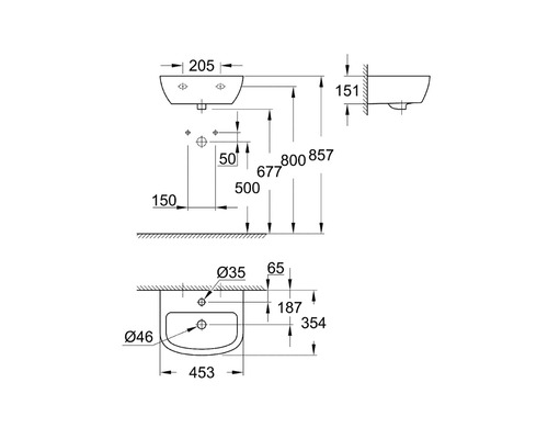Technische Zeichnung eines Waschbeckens mit Maßangaben