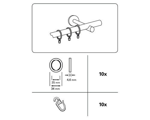Anneaux de tringle à rideaux avec clip, 10 pièces