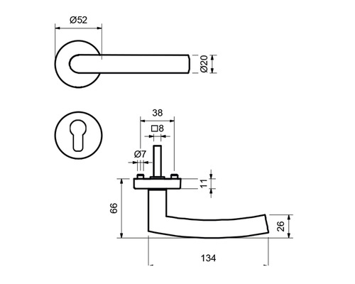 Schéma technique d''une poignée de porte avec dimensions