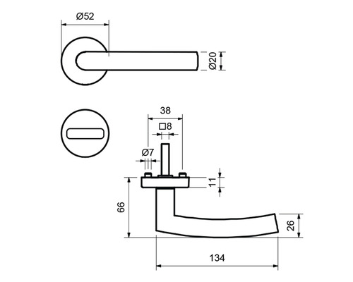 Technische Zeichnung eines Türdrückers mit Maßangaben