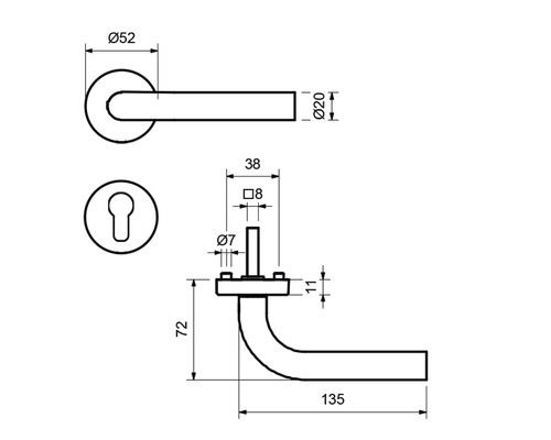 Technische Zeichnung eines Türdrückers mit Maßen