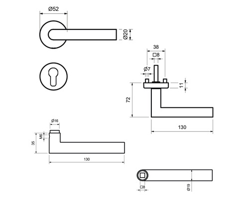 Technische Zeichnung eines Türdrückers mit Maßangaben