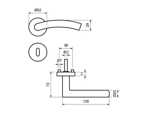 Schéma technique d''une poignée de porte avec indications de dimensions