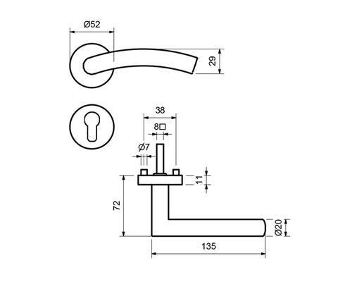 Schéma technique d''une poignée de porte avec dimensions