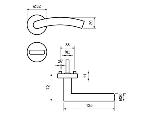 Schéma technique d''une poignée de porte avec indication des dimensions