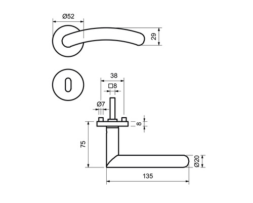 Technische Zeichnung eines Türdrückers mit Maßen