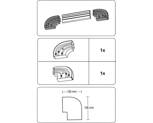 Instructions d''installation pour les angles de goulotte de câbles, dimensions et informations de montage