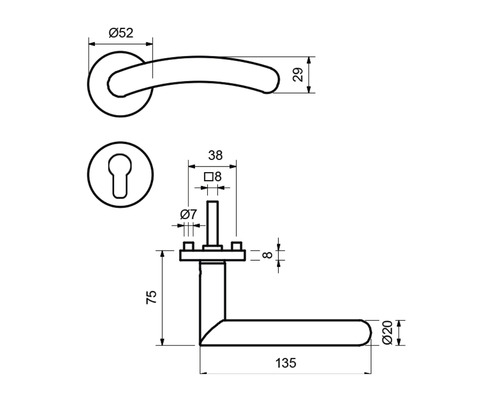 Technische Zeichnung eines Türgriffs mit Maßangaben