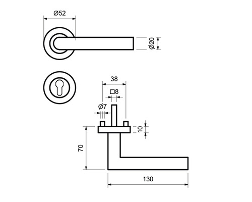 Technische Zeichnung eines Türdrückers mit Maßangaben
