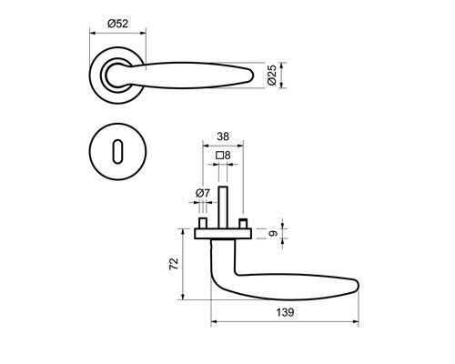 Dessin technique d''une poignée de porte avec indications de dimension
