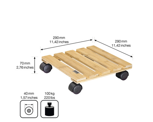 Support à roulettes en bambou, dimensions 290 x 290 millimètres et capacité de charge jusqu''à 100 kilogrammes