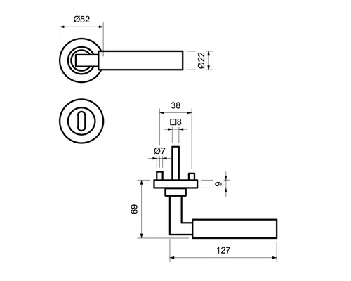 Technische Zeichnung einer Türgarnitur mit Maßen