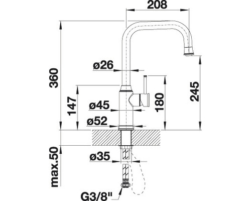 Maßzeichnung einer Küchenarmatur mit den Maßen 360, 208 und 245 Millimeter