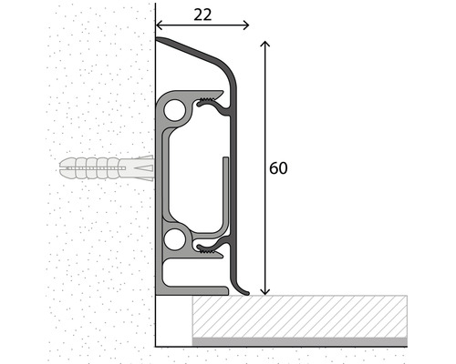 Schéma d''installation pour profilé de finition avec les dimensions 22 et 60 millimètres